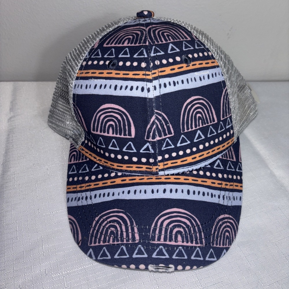 Latched Mama Rainbow Geometric Distressed Ponytail Mesh Strapback Cap Hat NEW
